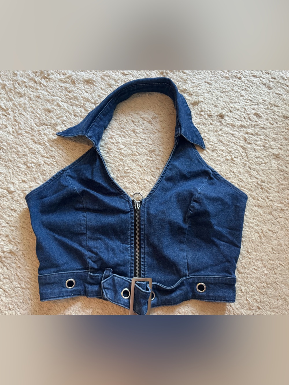Social collision denim crop halter top